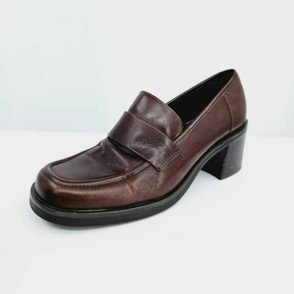 Nine West Franke2 90s Chunky Penny Loafers 6.5 M Chocolate Brown Leather Stacked - Picture 1 of 13